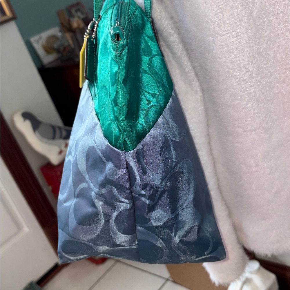 Coach Signature monogram Tote HD nylon teal light blue large shoulder bag EUC - Picture 7 of 17